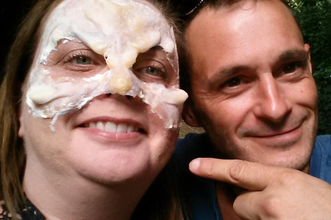 Tracy with Richard Gething after a day filming The Vampire King. Their dads were firefighters together in the ’80s.